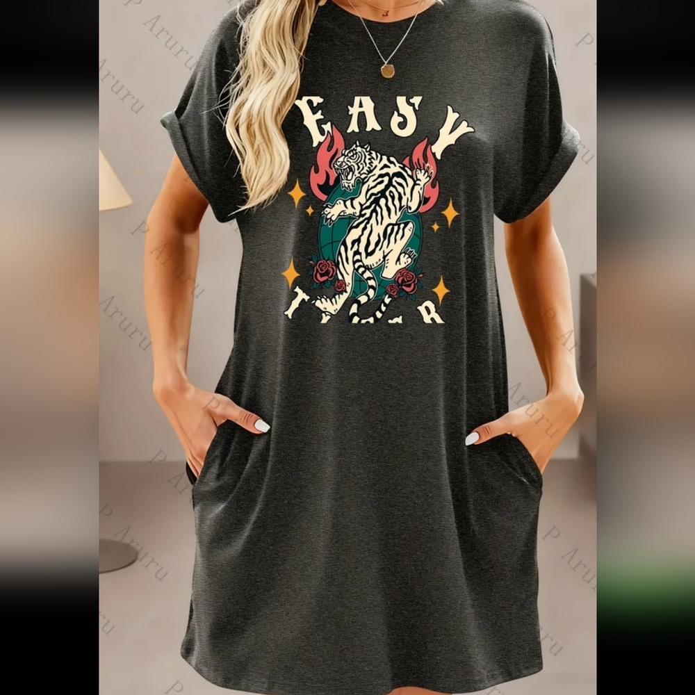 Charcoal Gray Tiger T-Shirt Dress